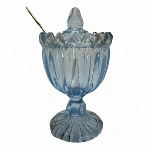 Vtg Portieux Vallerysthal Blue Beaded Footed Jam Container w/Lid Spoon France